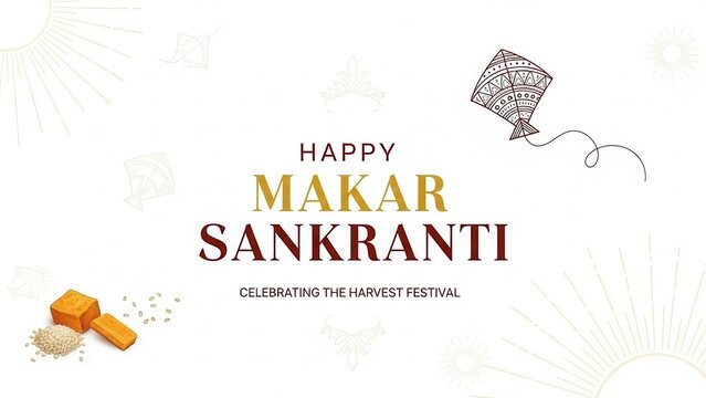 Happy Makar Sankranti Harvest Festival Banner with Kite and Jaggery
