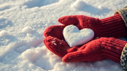 A person in warm red mittens holding a delicate heart shape made of fresh white snow