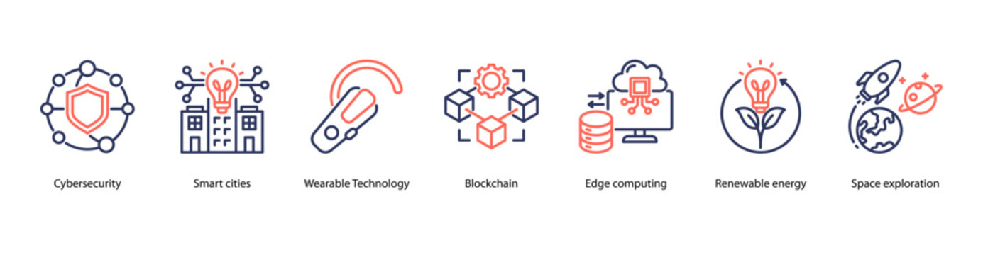 Future City and Space Innovation web banner icon vector illustration featuring Cybersecurity, Smart Cities, Wearable Technology, Blockchain, Edge Computing, Renewable Energy, and Space Exploration.