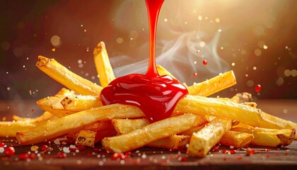 Freshly fried french fries with red sauce pouring on top plate