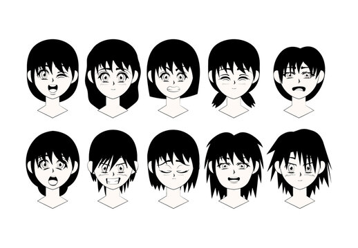 Black And White Anime Manga Face Expression Character Illustrations Set