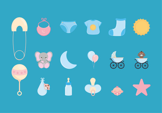 Pink And Blue Baby Rattle Elephant Moon Stroller Illustrations Set