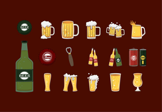 Colorful Beer Mug Bottle Can Glass Drink Illustrations Set