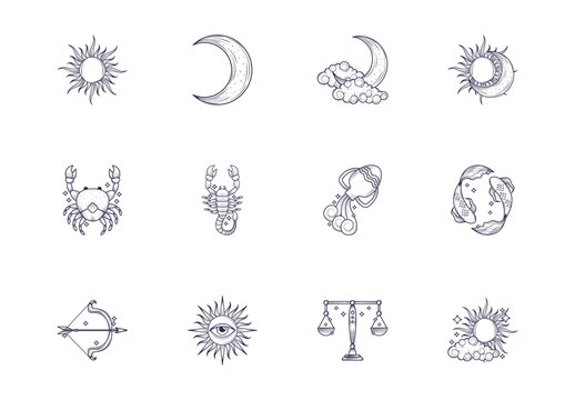 Black And White Zodiac Moon Astrology Horoscope Star Illustrations Set