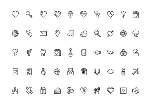 Black And White Heart Love Romantic Wedding Valentine Icons Set