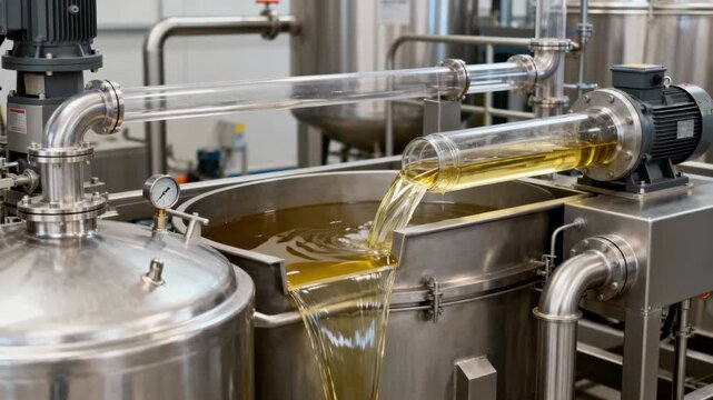 Medium shot of a highvacuum oil deodorizing unit operating in batch mode showcasing refined oil quality improvement in a clean industrial setting.