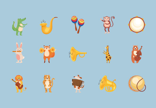 Colorful Animals Music Illustrations Set