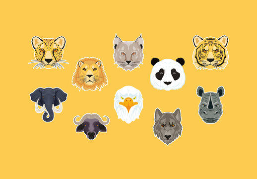 Colorful Wild Jungle Safari Animal Heads Illustrations Set