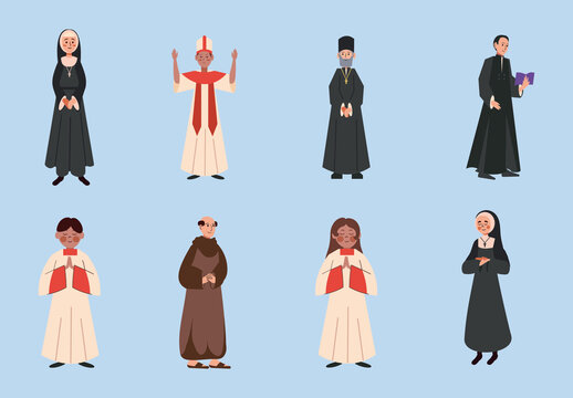 Colorful Catholic Priest Nun Religious People Illustrations Set