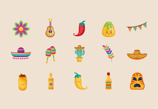 Colorful Mexican Cinco de Mayo Celebration Illustrations Set