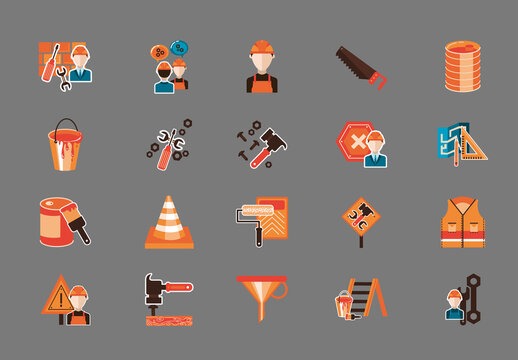 Colorful Construction Tools Equipment Icons Set