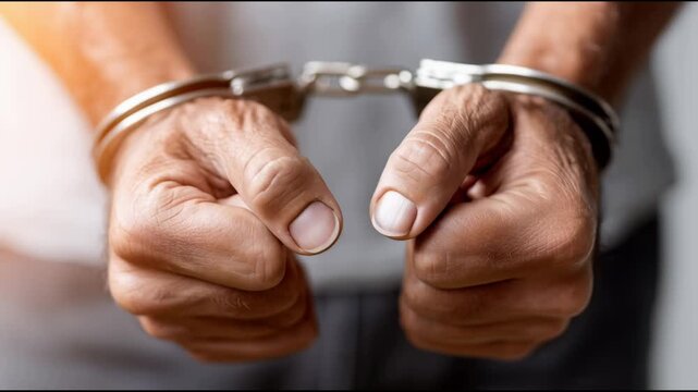 Close up of male hands in handcuffs being arrested.