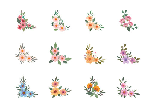 Colorful Floral Corner Spring Decorative Illustrations Set