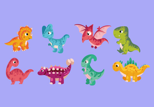 Colorful Dinosaur Animal Jungle Baby Cute Illustrations Set