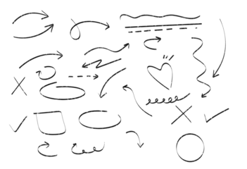 Hand drawn arrows and shapes in minimalist style with black ink on white background for graphic design