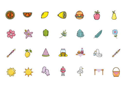Colorful Summer Picnic Doodle Icons Set