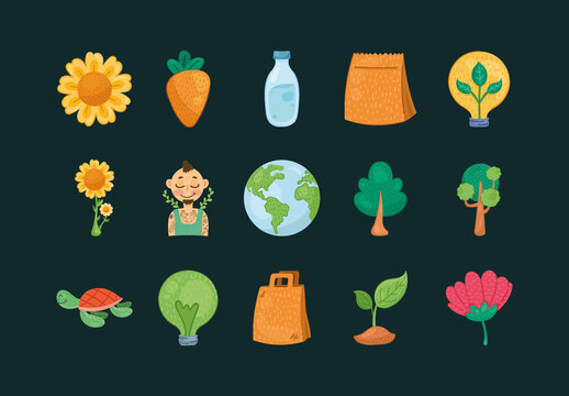 Colorful Eco Nature Organic Plant Recycle Illustrations Set
