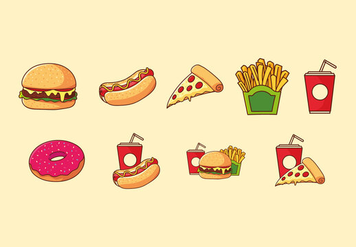 Colorful Fast Food Meal Illustrations Set