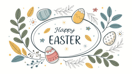 Happy Easter celebration with colorful eggs and leaves