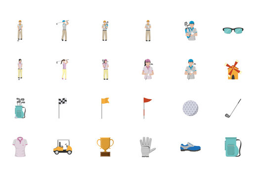 Colorful Golf Sport Player Equipment Icons Set