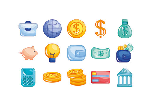 Colorful Finance Banking Budget Wallet Coin Icons Set