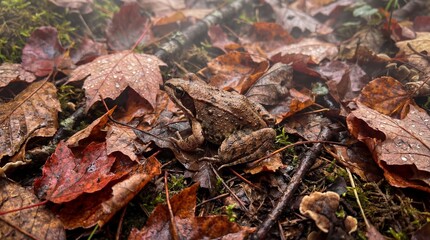 Fototapeta premium Brown frog sitting still on a forest floor, camouflaged by damp autumn leaves and moss. Early morning mist creates a serene, tranquil atmosphere.