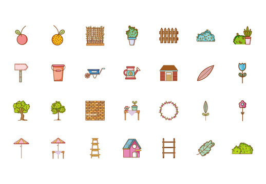 Colorful Hand Drawn Garden Trees Tools Plants Outdoor Icons Set
