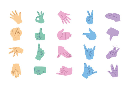 Colorful Hand Gestures Signs Fingers Symbol Illustrations Set