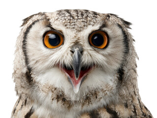 Obraz premium Close-up of a surprised owl with open beak and vibrant eyes, a captivating look Isolated Transparent Background, PNG