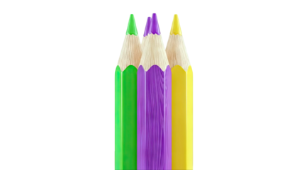 Close-up of three colored pencils: green, purple, and yellow