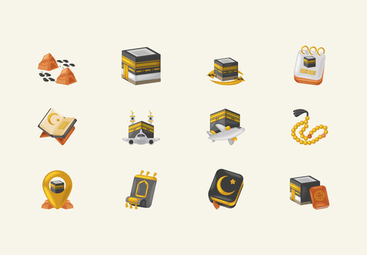Colorful Kaaba Mosque Quran Pilgrimage Umrah Illustrations Set