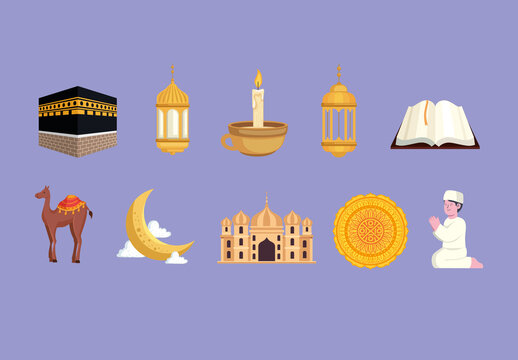 Colorful Isra Miraj Mosque Islam Culture Illustrations Set