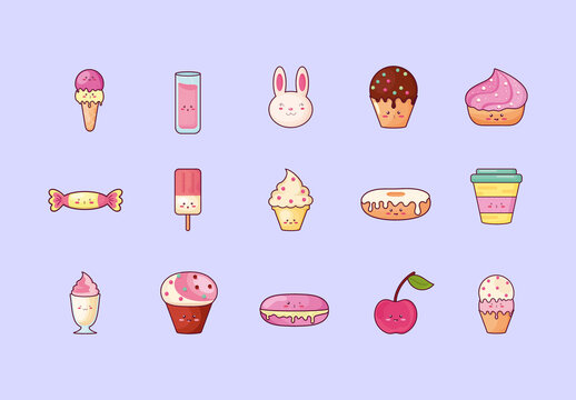 Colorful Kawaii Desserts Sweets Characters Illustrations Set