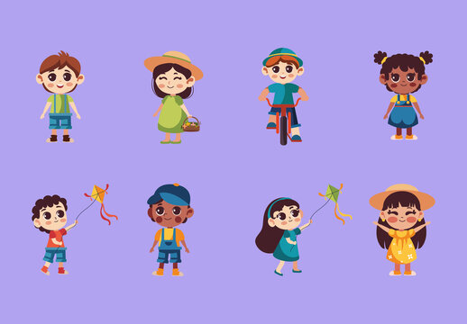 Colorful Kids Spring Outfits Children Fun Illustrations Set