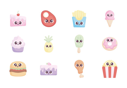 Colorful Cute Kawaii Fast Food Illustrations Set