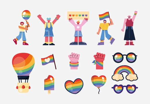 Colorful Pride Parade Equality Love Support Illustrations Set