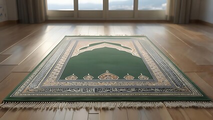 Green prayer rug with intricate design sits on wooden floor. Natural light streams from window. Focus on the rug