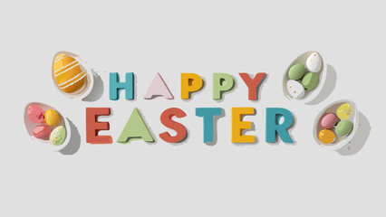 Colorful Happy Easter message with decorated eggs in bowls