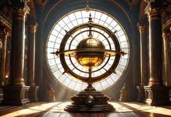 Obraz premium Antique golden armillary sphere in a classic library with large circular window and divine sunlight beams