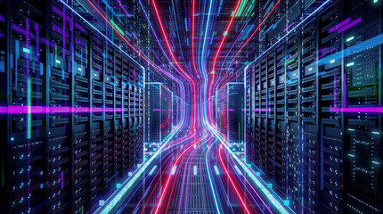 Digital Data Flow in Server Room: A dynamic visual symphony of data streams surges through a high-tech server room, illustrating the seamless flow of information across a futuristic digital landscape.