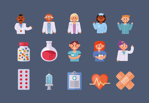 Colorful Nurse Hospital Doctor Health Medical Icons Set