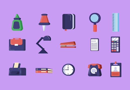 Colorful Office Supplies Desk Tools Organizer Icons Set