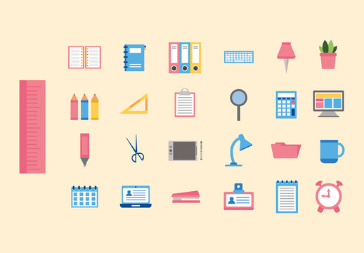 Colorful Stationery Accessories Supplies Tools Illustrations Set