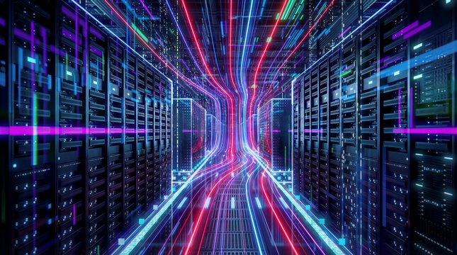 Digital Data Flow in Server Room: A dynamic visual symphony of data streams surges through a high-tech server room, illustrating the seamless flow of information across a futuristic digital landscape.