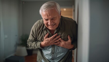 Fototapeta premium An elderly man clutches his chest in pain, expressing discomfort