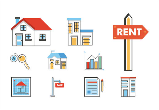 Colorful Real Estate Rent Buy Sale Property Icons Set