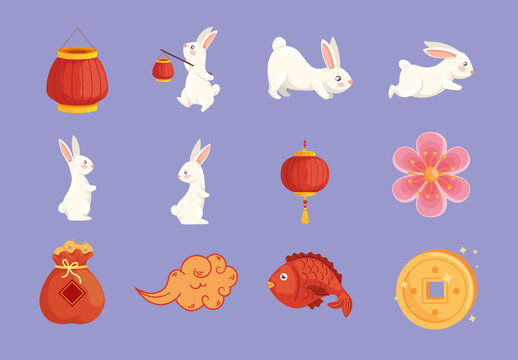 Colorful Rabbit Chinese New Year Illustrations Set