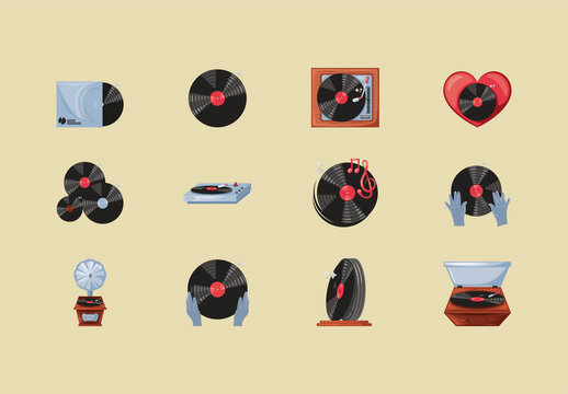 Colorful Retro Music Vinyl Illustrations Set