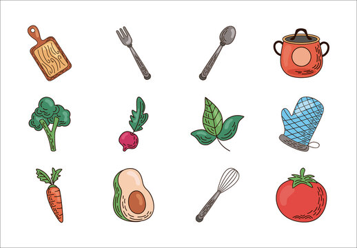 Colorful Cooking Kitchen Vegetables Tools Illustrations Set