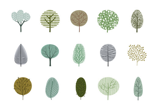 Colorful Texture Tree Nature Forest Decorative Plants Illustrations Set